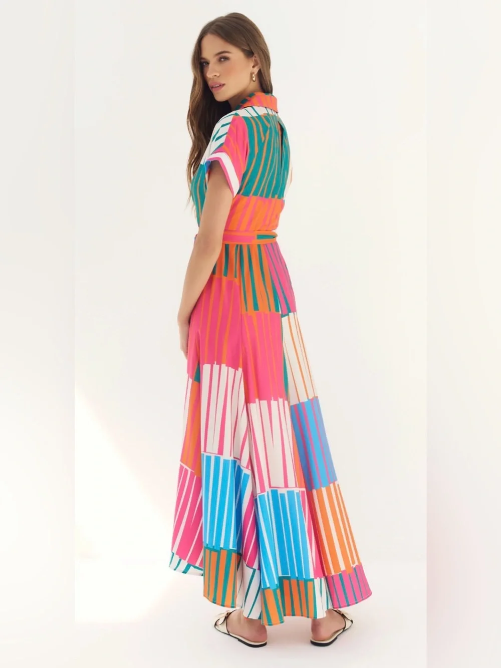 Hutch Johnnie Multicolor Striped Wrap Maxi Dress in Blue, Pink, Orange NWT Sz L - Picture 2 of 7